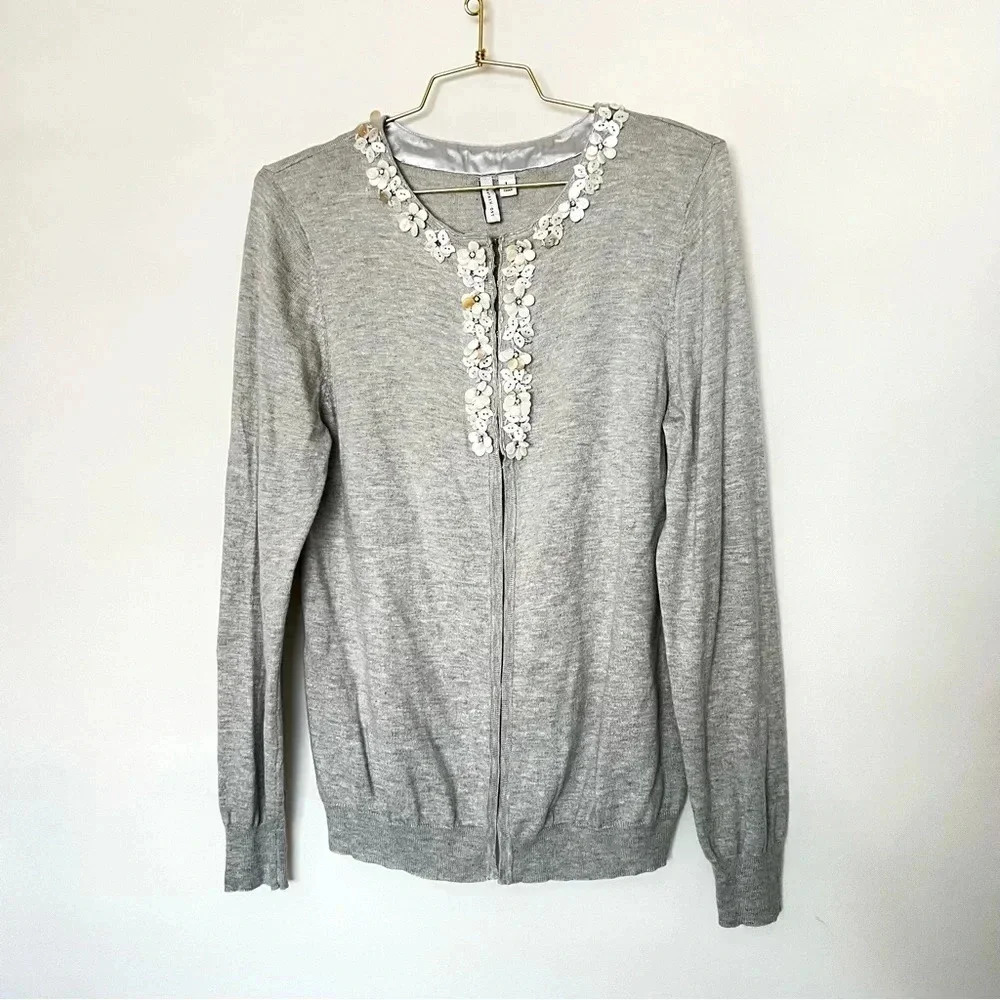 Sweater Cardigan Beatrix Ost Floral Beaded Size Large Gray Long Sleeve Comfy